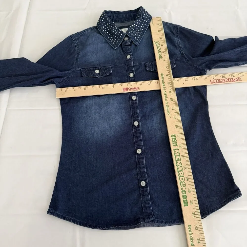 Justice Girls 12 Denim Button Down Shrit Western Rhinestone Sparkle Blue Country
